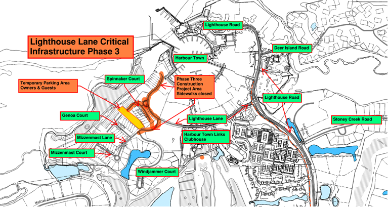 A map showing the Lighthouse Lane Critical Infrastructure Phase 3 project. Features include highlighted construction areas, temporary parking, road closures, and surrounding streets like Harbour Town Links and Genoa Court.