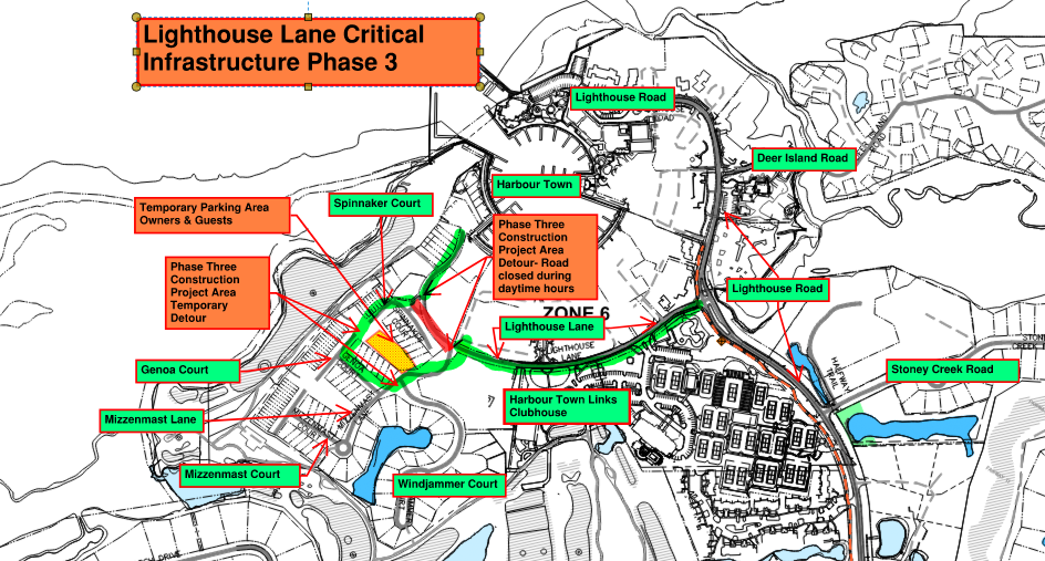 A map detailing the critical infrastructure project for Lighthouse Lane, highlighting Phase 3. Key areas, including construction zones and temporary parking, are marked along with road names like Lighthouse Road and Harbour Town.