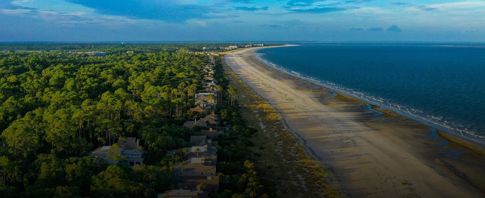 Aerial view of a sandy beach bordered by a forested area, with ocean waves gently lapping at the shore. Coastal buildings are visible among the trees, under a clear sky.