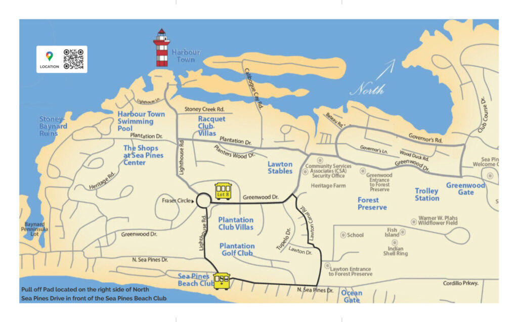 A map of Sea Pines Resort showing landmarks such as the Harbour Town Swimming Pool, Plantation Golf Club, and Sea Pines Beach Club. Key features include roads and points of interest with a lighthouse icon and a north indicator.