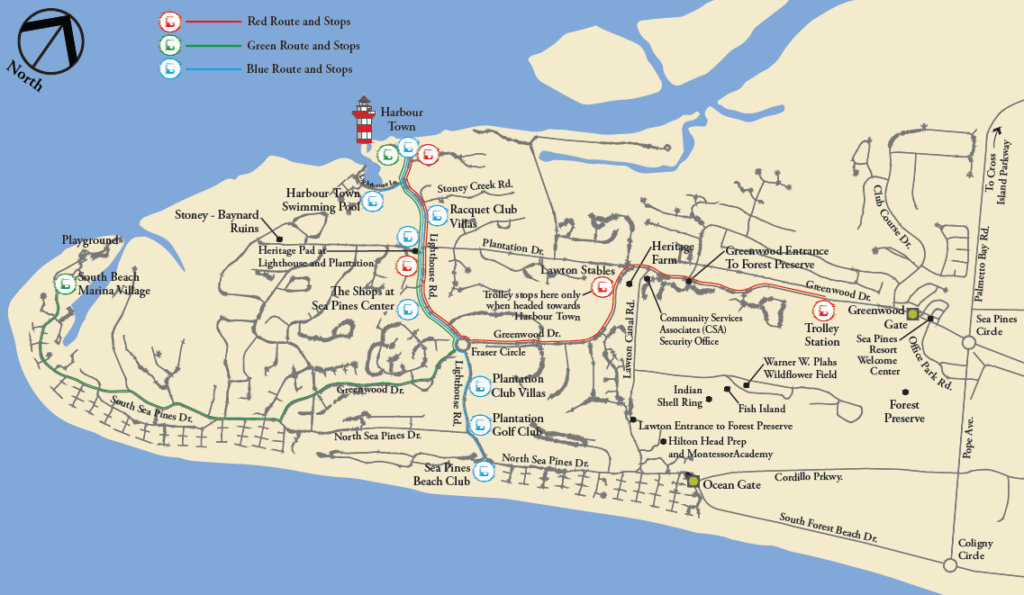 A detailed map showing public transport routes including red, green, and blue lines marked with icons. Key locations like Harbor Town and various transit stops are labeled, with directional indicators and a compass rose in the corner.