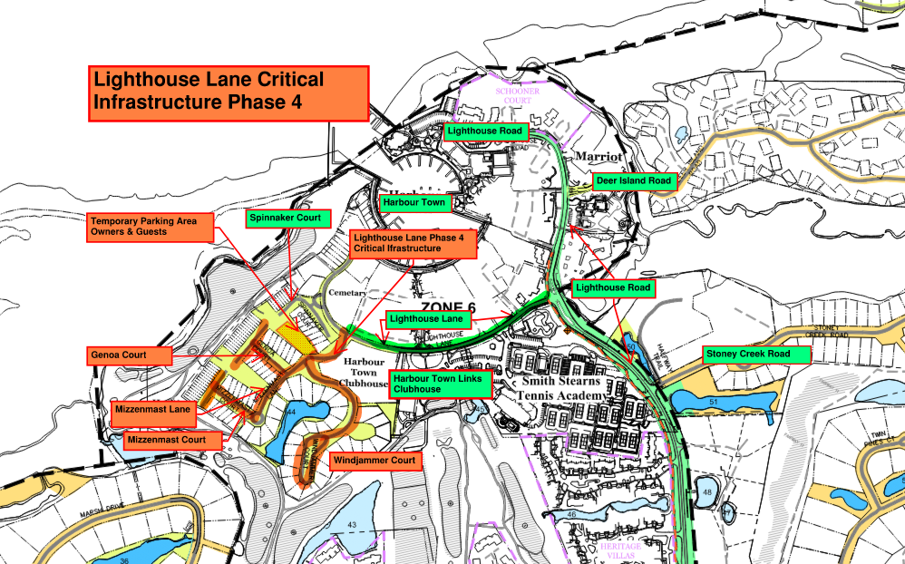 A detailed map titled 'Lighthouse Lane Critical Infrastructure Phase 4', showing various zones and streets. Key locations include Harbour Town Links, Harbour Town Links Clubhouse, and a temporary parking area. Roads and courtyards are clearly labeled.