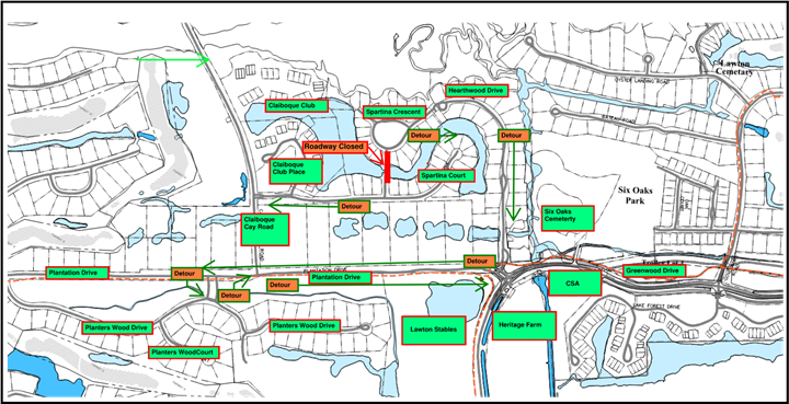A detailed map showing residential streets, parks, and routes in a suburban area. Key locations are marked including 'Detour' signs and road names like 'Plantation Drive.' Arrows indicate traffic direction. 'South Oaks Park' and 'CSM' are also highlighted.