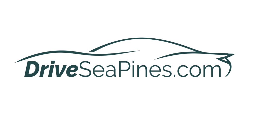 A logo featuring the text "DriveSeaPines.com" in a modern font, accompanied by a stylized outline of a car above the text. The design utilizes a teal color scheme on a transparent background.