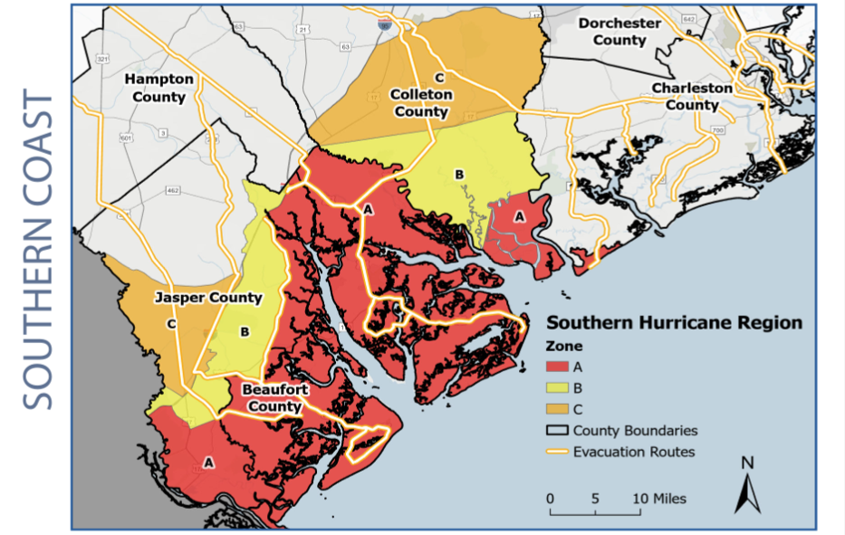 A geographical map showing the Southern Coast hurricane region, highlighting zones A, B, and C in red, yellow, and light yellow shades. It includes county boundaries and evacuation routes marked in black. Key features include Beaufort County and surrounding counties.