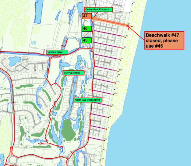 A map showing a coastal area with labeled beachwalks, including Beachwalk #47 marked as closed and directing users to use Beachwalk #46 instead. Roads and pathways are illustrated, with shaded areas indicating parks or green spaces.