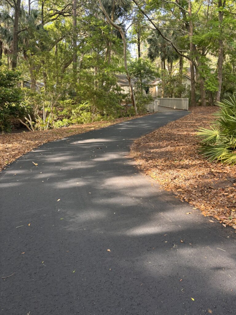 A winding asphalt path leads through a wooded area, lined with fallen leaves and greenery. On the left, a wooden fence partially obscures a building in the background, surrounded by trees.