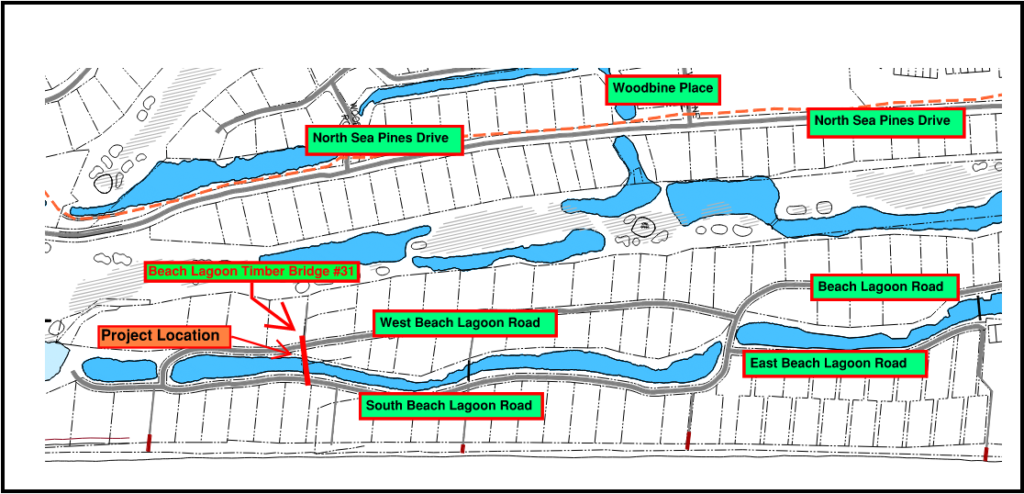 A detailed map showing a lagoon area with marked roads including North Sea Pines Drive, Beach Lagoon Road, and project location indicated with an arrow. Various water bodies and surrounding land features are illustrated in blue and green.